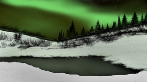 Digital Painting Digital Art Winter Nature Landscape Aurorae Trees Snow 1920x1080 Wallpaper
