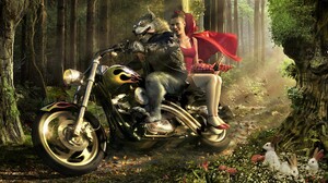 Fantasy Forest Motorcycle Rabbit Red Riding Hood Wolf 2020x1070 Wallpaper