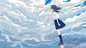 Pixiv Artwork Anime Girls Clouds Finger Pointing Wires Portrait Display Schoolgirl School Uniform Lo 1000x1444 Wallpaper
