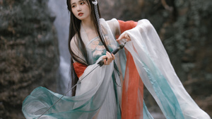 Women Asian Women With Swords Chinese Dress Waterfall 2688x4032 Wallpaper