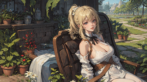 Garden Women Ai Art Anime Girls Blonde Blue Eyes Sitting Plants Flowers Leaves Ponytail 2560x1440 wallpaper