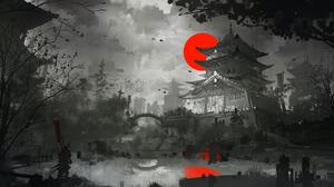 Japanese Art Monochrome Japan Samurai Sky Water Reflection Castle Clouds Trees Digital Art 4412x2362 Wallpaper