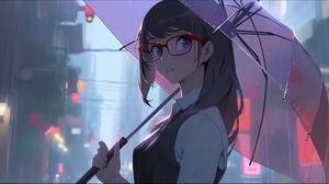 Anime Anime Girls Umbrella Rain Schoolgirl School Uniform Glasses Looking At Viewer Long Hair Lights 2912x1456 Wallpaper