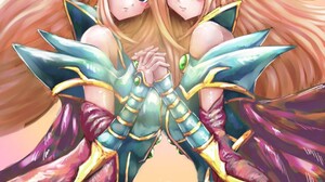 Anime Anime Girls Yu Gi Oh Magicians Valkyria Twins Witch Long Hair Redhead Holding Hands Artwork Di 1080x1524 Wallpaper