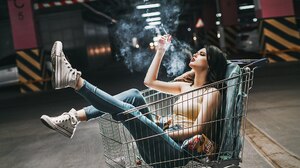 Women Fotoshi Toshi Anton Harisov Sneakers Converse Cigarettes Smoke Pants Jeans Smoking Shopping Ca 2000x1125 Wallpaper