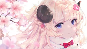 Anime Anime Girls Hololive Tsunomaki Watame Virtual Youtuber Horns Blonde Blue Eyes Cherry Blossom 1945x1382 Wallpaper
