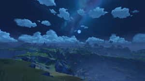 Genshin Impact Anime Sky Clouds Mountains Screenshot Of The Game Sky Moon Starry Night Galaxy Video  2560x1600 Wallpaper