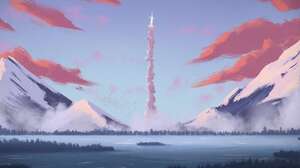 Pixel Art Pixelated Digital Art Snow Mountains Water Sky Clouds Rocket 1920x1200 wallpaper