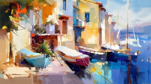 Ai Art Painting Boat Mediterranean Village Impressionism Water Building 3854x2160 Wallpaper