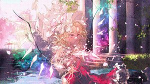 Anime Anime Girls Flandre Scarlet Touhou Portrait Display Water Dress Wings Petals Sunlight Signatur 1464x2048 wallpaper