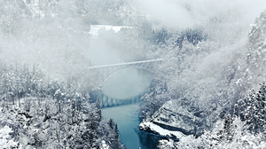 Snow River Bridge Japan Valley Mist 3502x2334 Wallpaper