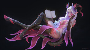 Fanfoxy Drawing Women Horns Pink Fantasy Art Legs Crossed Looking At Viewer Books Smiling Pointy Ear 1920x1080 wallpaper