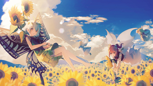 Anime Anime Girls Touhou Eternity Larva Sunflowers Sky Clouds Looking At Viewer Wings Flowers Leaves 2001x1311 Wallpaper