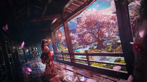 Anime Girls Architecture Japanese Clothes Trees Wooden Floor Kimono Cherry Blossom Petals Depth Of F 4500x2813 Wallpaper