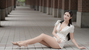 Asian Model Women Long Hair Dark Hair Sitting Legs High Heels 4723x3149 Wallpaper