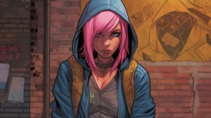 Ai Art Women Comics Pink Hair Hooded Jacket Alleyway Looking At Viewer 3854x2160 wallpaper