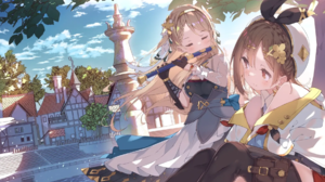 Atelier Ryza Anime Anime Girls Flute Leaves Water Brunette Braided Hair Smiling Gloves Clouds Sky Vi 1856x1305 wallpaper