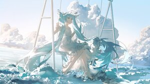Anime Anime Girls Hatsune Miku Swings Vocaloid Twintails Blue Hair Blue Eyes Water Waves Sitting Loo 2048x1142 Wallpaper