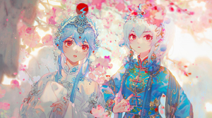 Mian Lang Two Women Looking At Viewer Dress Chinese Clothing Red Eyes Long Hair Cherry Blossom Flowe 1571x900 Wallpaper