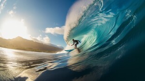 Ai Art Waves Surfing Water Clouds Mountains Surfboards Sky Surfers 4630x2595 Wallpaper