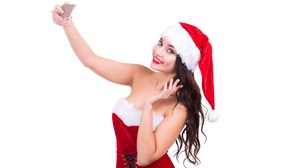 Brunette Christmas Lipstick Long Hair Santa Hat Selfie Smile 3840x2400 Wallpaper