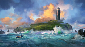 Gavin ODonnell Digital Art Artwork Illustration Environment Clouds Waves Light House Boat Sea Water  3840x1920 Wallpaper