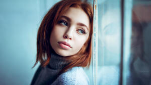 Women Model Redhead Long Hair Face Blue Eyes Sweater Reflection Blue Ivan Gorokhov Renata W Blue Swe 1920x1080 wallpaper