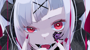 Anime Girls Anime Face Closeup Open Mouth Looking At Viewer Painted Nails Red Nails Red Eyes Hands 1700x2500 Wallpaper