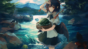 Anime Anime Girls Shameimaru Aya Touhou Wings Water Watermelons Sky Clouds Standing Smiling Looking  1308x884 Wallpaper