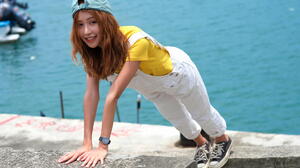 Asian Model Women Long Hair Dark Hair Yellow Shirt Baseball Cap Jumpsuit Sneakers Wristwatch Sea T S 1920x1280 Wallpaper
