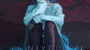 Nixeu Artwork Women Blue Hair Red Lipstick Sitting ArtStation Looking At Viewer Shoulder Length Hair 1018x1500 wallpaper