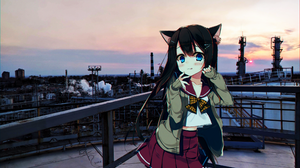 Anime Anime Girls Cat Girl Factory Sunset 2048x1152 Wallpaper
