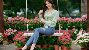 Asian Model Women Long Hair Dark Hair Depth Of Field Flowerpot Flowers Jeans Black Heels Blouse Earr 3840x2560 Wallpaper