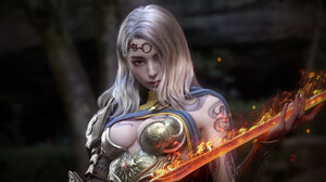 Michael Mao CGi Women Silver Hair Sword Fantasy Art Weapon Armor Long Hair Tattoo Looking At Viewer 1920x1365 Wallpaper