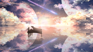 Piano Grand Piano Sky Sea Starlight Anime Girls Clouds Reflection 4611x5084 Wallpaper