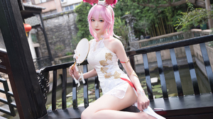 Cosplay Asian Stilettoes White High Heels Pink Hair Women Chinese Dress Looking At Viewer Fans Bunny 3300x2203 Wallpaper