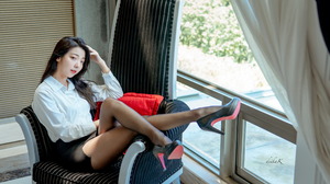 Asian Model Women Long Hair Dark Hair Sitting Window Curtains Nylons High Heels White Blouse Chair B 2560x1439 Wallpaper