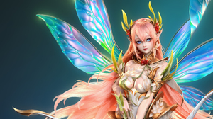 Kazami Xin CGi Women Elves Redhead Long Hair Blue Eyes Arrows Wings Simple Background Fantasy Art 3840x2161 Wallpaper