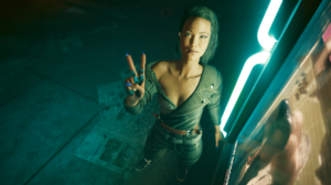 Female Version Neon CD Projekt RED Peace Sign Cyberpunk 2077 CGi Video Game Characters Video Game Ar 1920x1080 Wallpaper