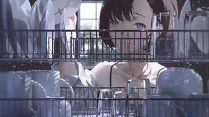Anime Anime Girls Plates Glass Cup Blue Eyes Brunette Short Hair Frown 1545x1000 wallpaper