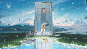 Suzume Anime Anime Girls Artwork Brunette Dress Braided Hair Twintails Anime Sky Door Grass Water Wa 4800x2700 Wallpaper
