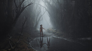 Forest Reflection Puddle Mist Water Standing Trees Digital Art Glowing Eyes Children 3000x1688 Wallpaper