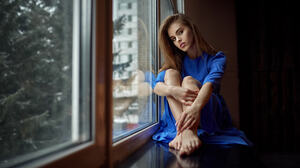 Andrey Metelkov Women Brunette Looking At Viewer Dress Blue Clothing Legs Barefoot Window Reflection 2048x1152 wallpaper