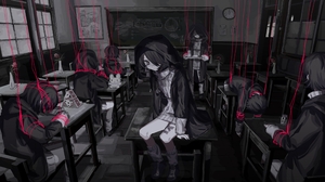 Dark Red Anime Boys Vocaloid Digital Art Monochrome Selective Coloring Hair Over One Eye Classroom D 2502x1400 Wallpaper