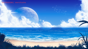 Moon Sky Clouds Beach Sand Sea Ocean View Birds 3840x2160 Wallpaper