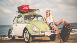 Beach Blonde Braid Coca Cola Model Volkswagen Beetle 3840x2160 Wallpaper
