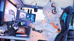 Anime Anime Girls Digital Art Artwork 2D Pixiv Computer Headphones Blue Eyes Blue Hair 2400x1697 wallpaper