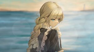 Anime Girls Maid Blonde Looking Over Shoulder Ozean Lighthouse Sword Blurry Background Braids Braide 2048x1213 Wallpaper