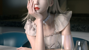 Digital Art Artwork Illustration Blonde Women Looking At Viewer Asian Red Lipstick Vertical CGi Glas 2000x2600 Wallpaper