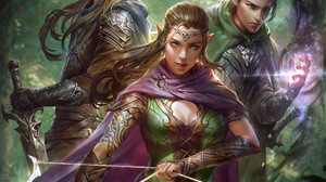 Jeremy Chong Drawing Women Men Elves Cape Weapon Bow Sword Spell Forest Fantasy Art Green Eyes Tiara 1699x2200 Wallpaper